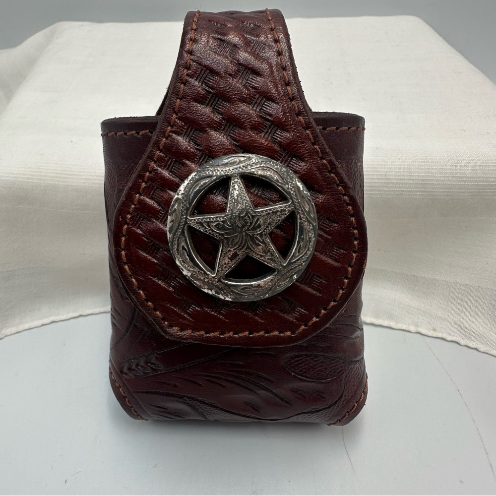 Tooled Leather Flip Phone Case Brown Western Star Belt Clip Unbranded